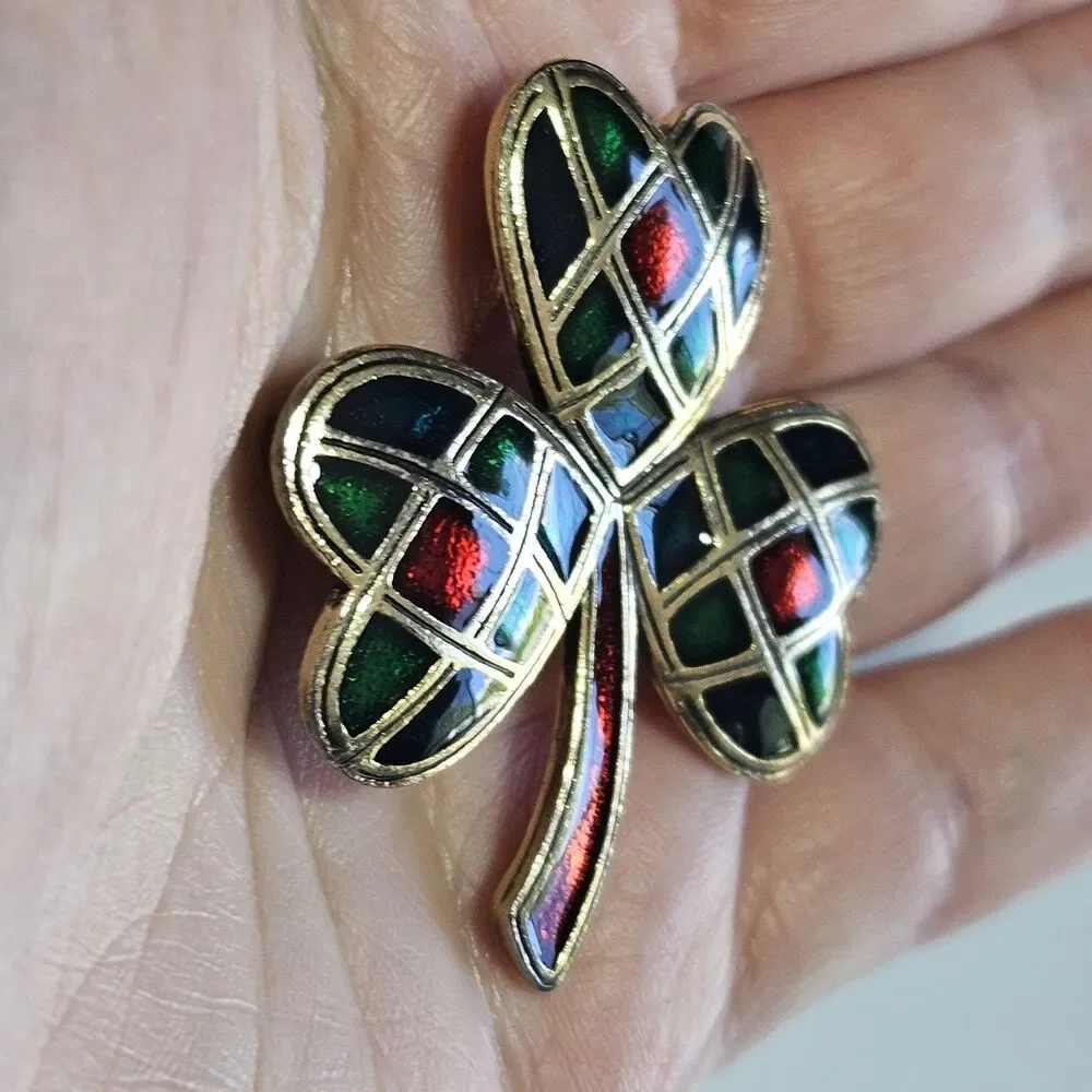 Vintage Sol D'or Heart Shamrock Red Green Blue Enameled Celtic Brooch Pendant